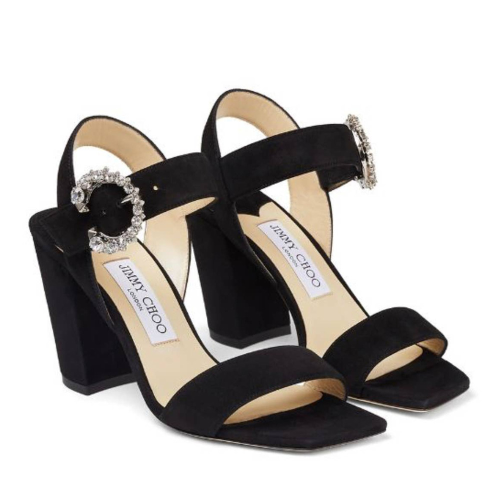 Jimmy Choo Maysa 85mm Black Suede Crystal Buckle Sandals Size 39.5